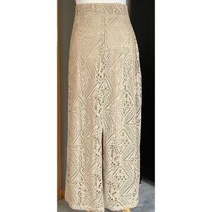 Chico's Women's Midi Skirt Sz 8 Beige Open Knit Lined Front Slit Stretch